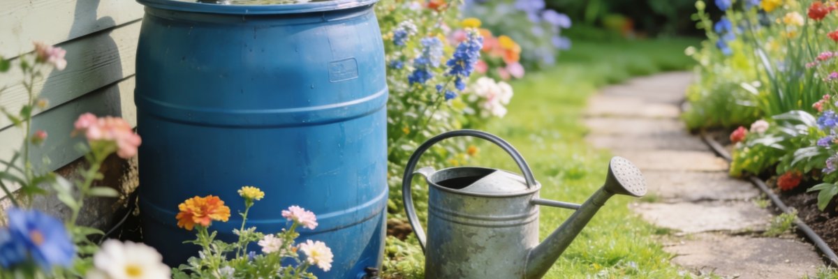 Rain barrel connected to downspout near blooming garden path in sunny backyard Rain barrel connected to downspout near blooming garden path in sunny backyard