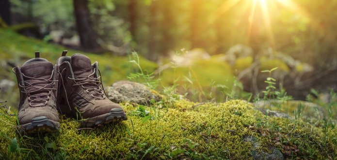 Pair of touristic boots on moss