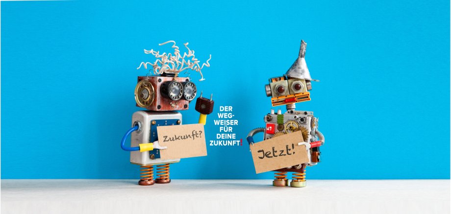 Job search concept. Two robots wants to get a job. Smiley unemployed robotic characters with a cardboard sign and handwritten text Need a job and Job Wanted. Blue gray background, copy space for text
