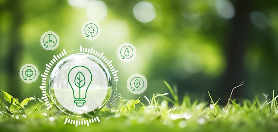 Renewable energy, sustainable, clean energy concept. Carbon reduction solution to limit climate change and global warming. Environmental protection. Crystal ball with sustainable energy source icon. Renewable energy, sustainable, clean energy concept. Carbon reduction solution to limit climate change and global warming. Environmental protection. Crystal ball with sustainable energy source icon.