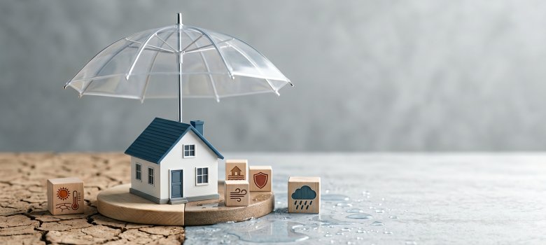 Home insurance concept with house model under protective umbrella Home insurance concept with house model under protective umbrella