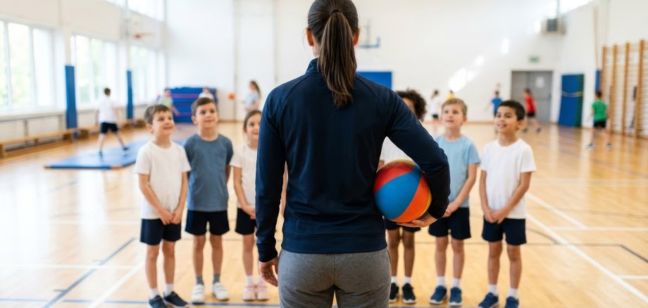 Physical education teacher with ball addresses diverse students in bright gym, back view, copy space Physical education teacher with ball addresses diverse students in bright gym, back view, copy space
