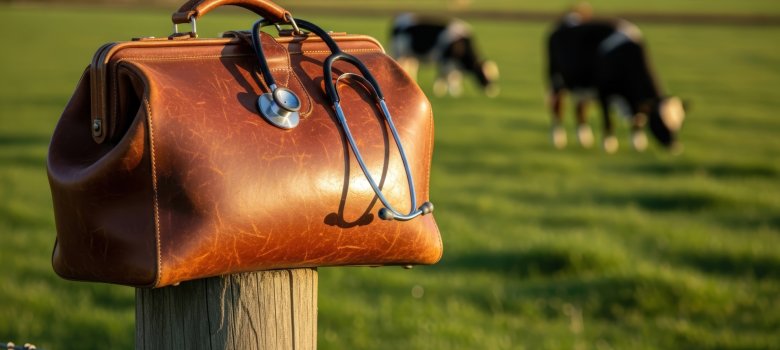 Brown leather medical bag with stethoscope on a fence post in a green field with cows. Concept of rural animal healthcare Brown leather medical bag with stethoscope on a fence post in a green field with cows. Concept of rural animal healthcare