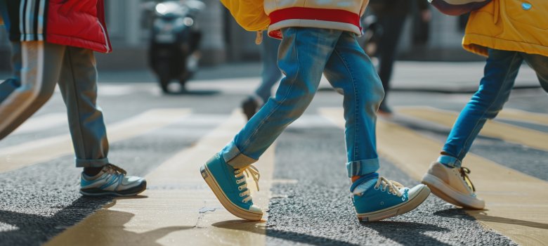 Close-up of schoolchildren safely crossing the street at a marke Close-up of schoolchildren safely crossing the street at a marke